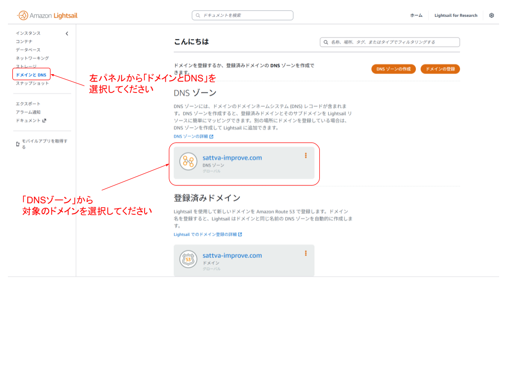4. 「ドメインとDNS」を選択し、対象DNSゾーンの設定画面に飛ぶ